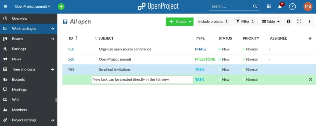 תצוגת רשימת בעיות של OpenProject